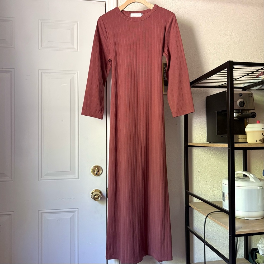 VEILED COLLECTION New York salmon berry‎ rib ribbed knit tie waist maxi dress